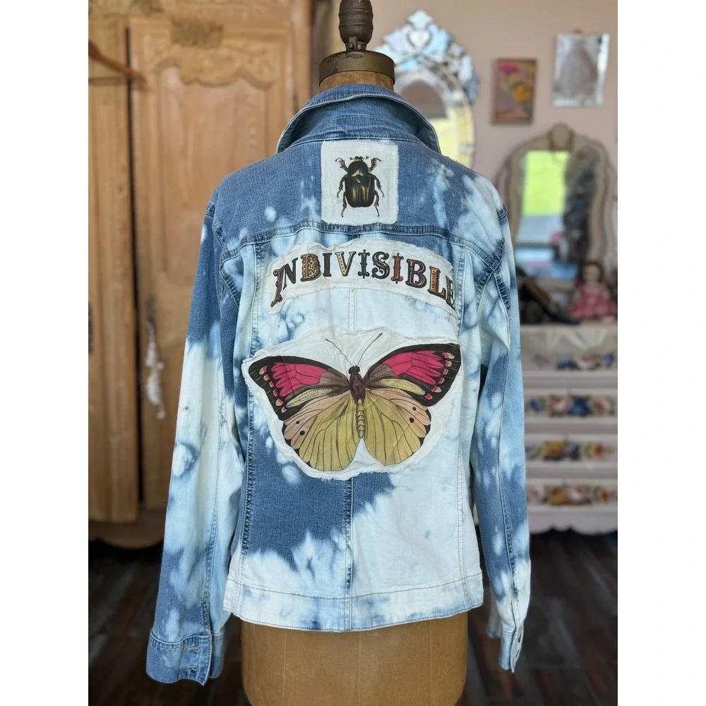 Upcycled Denim Jacket Butterfly Folk Art Jacket Bleached Jean Jacket Large